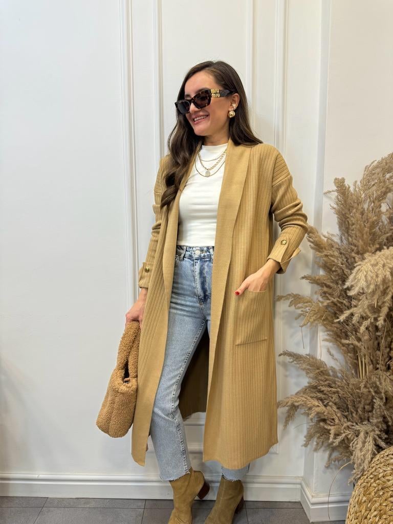 Camel Bilek Gold Düğme Detaylı Uzun Önü Açık Hırka 4017