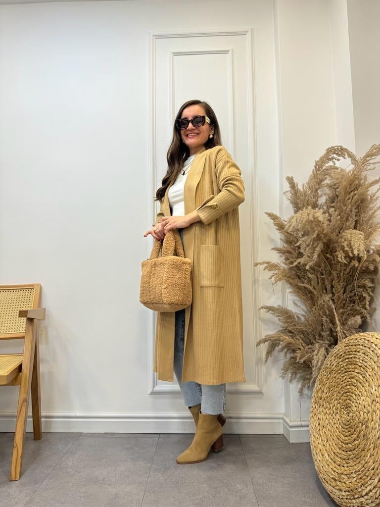 Camel Bilek Gold Düğme Detaylı Uzun Önü Açık Hırka 4017
