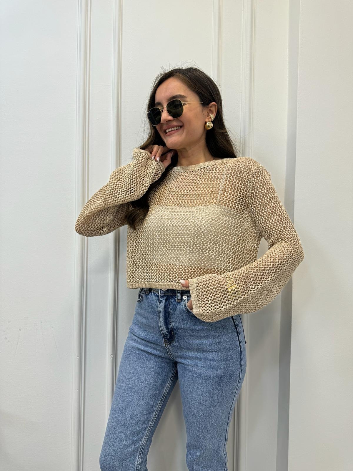 Camel Bisiklet Yaka Ajur Desen Crop Kazak 10350
