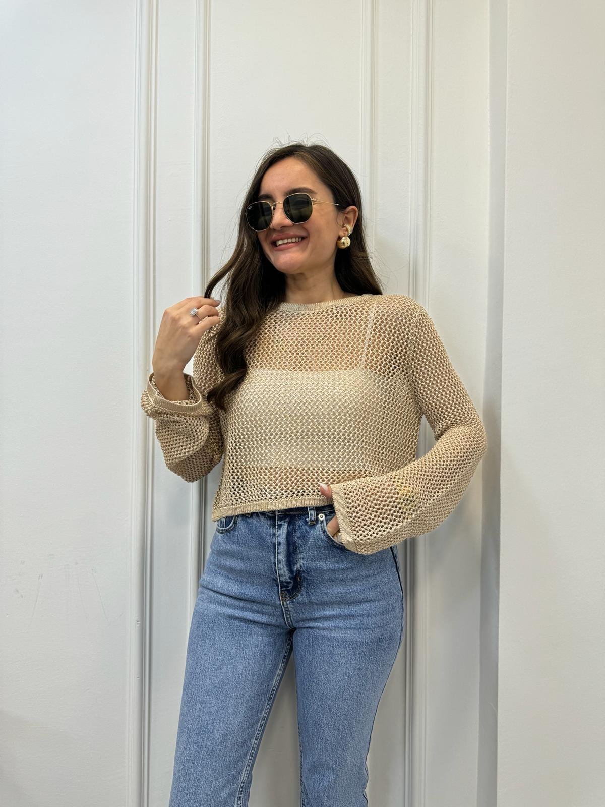Camel Bisiklet Yaka Ajur Desen Crop Kazak 10350