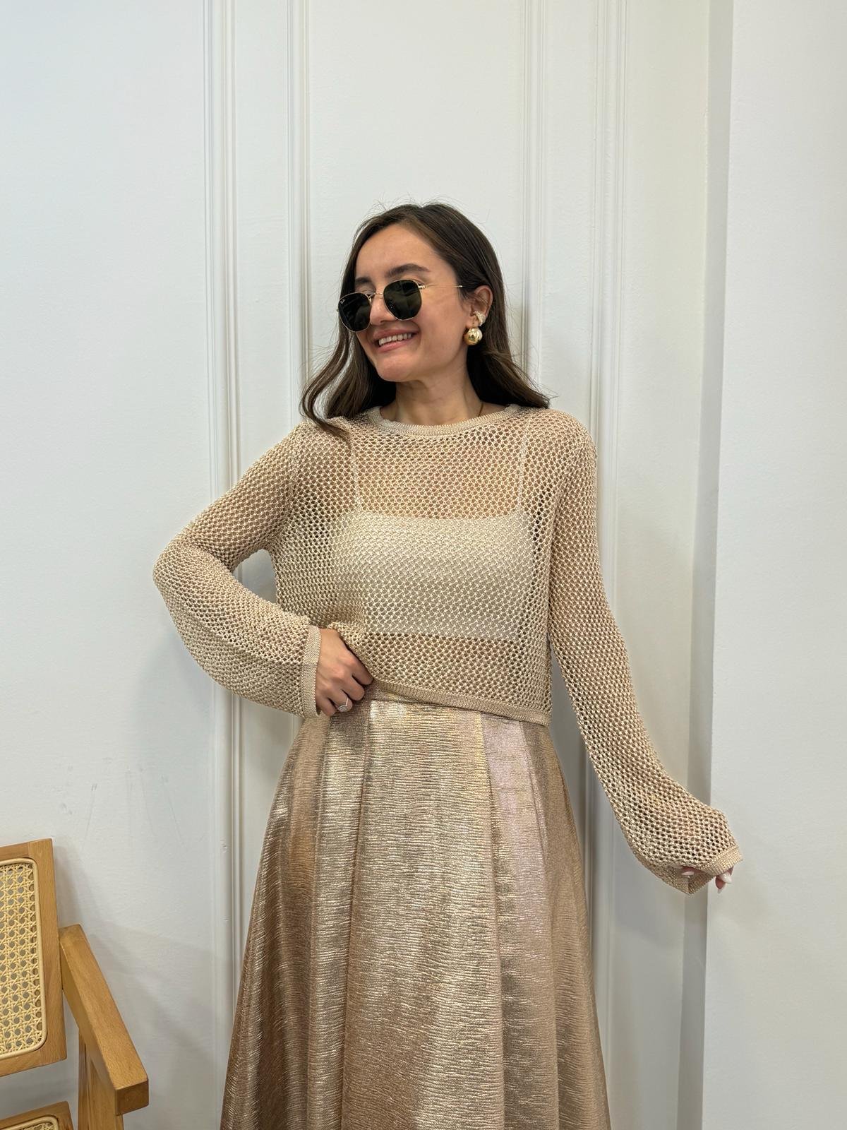 Camel Bisiklet Yaka Ajur Desen Crop Kazak 10350