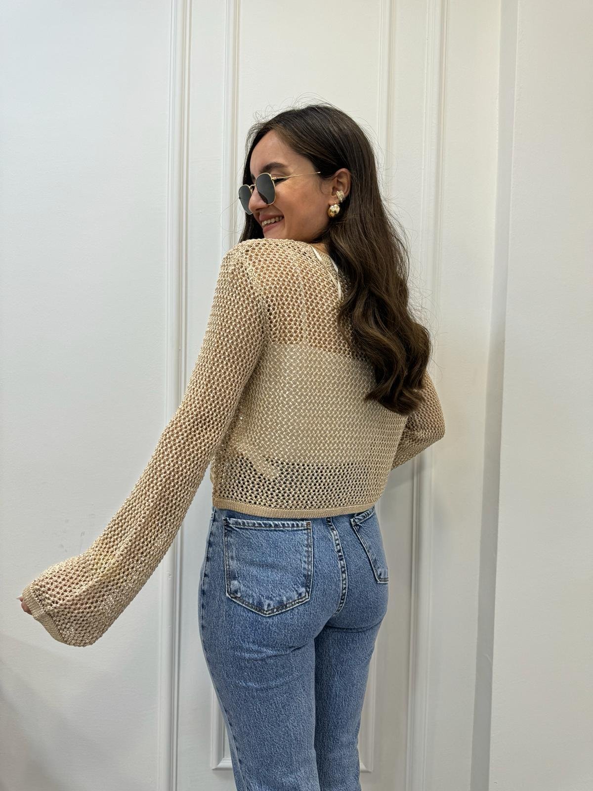 Camel Bisiklet Yaka Ajur Desen Crop Kazak 10350