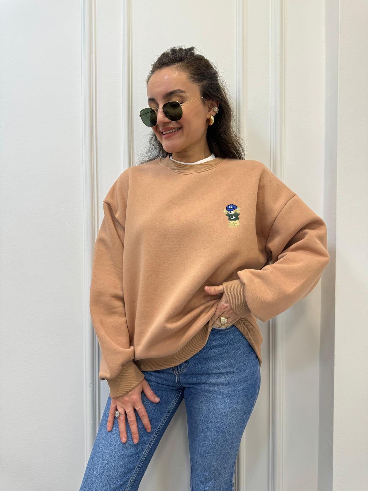 Camel Bisiklet Yaka Ayıcık Nakışlı Şardonlu Sweatshırt 241003