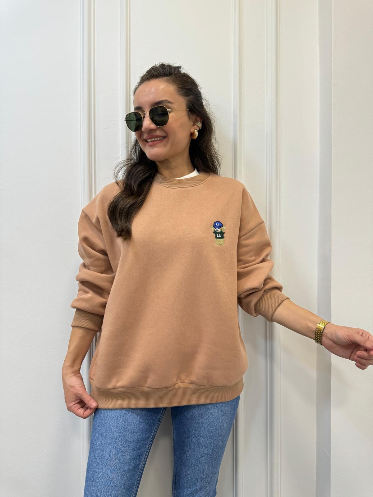 Camel Bisiklet Yaka Ayıcık Nakışlı Şardonlu Sweatshırt 241003