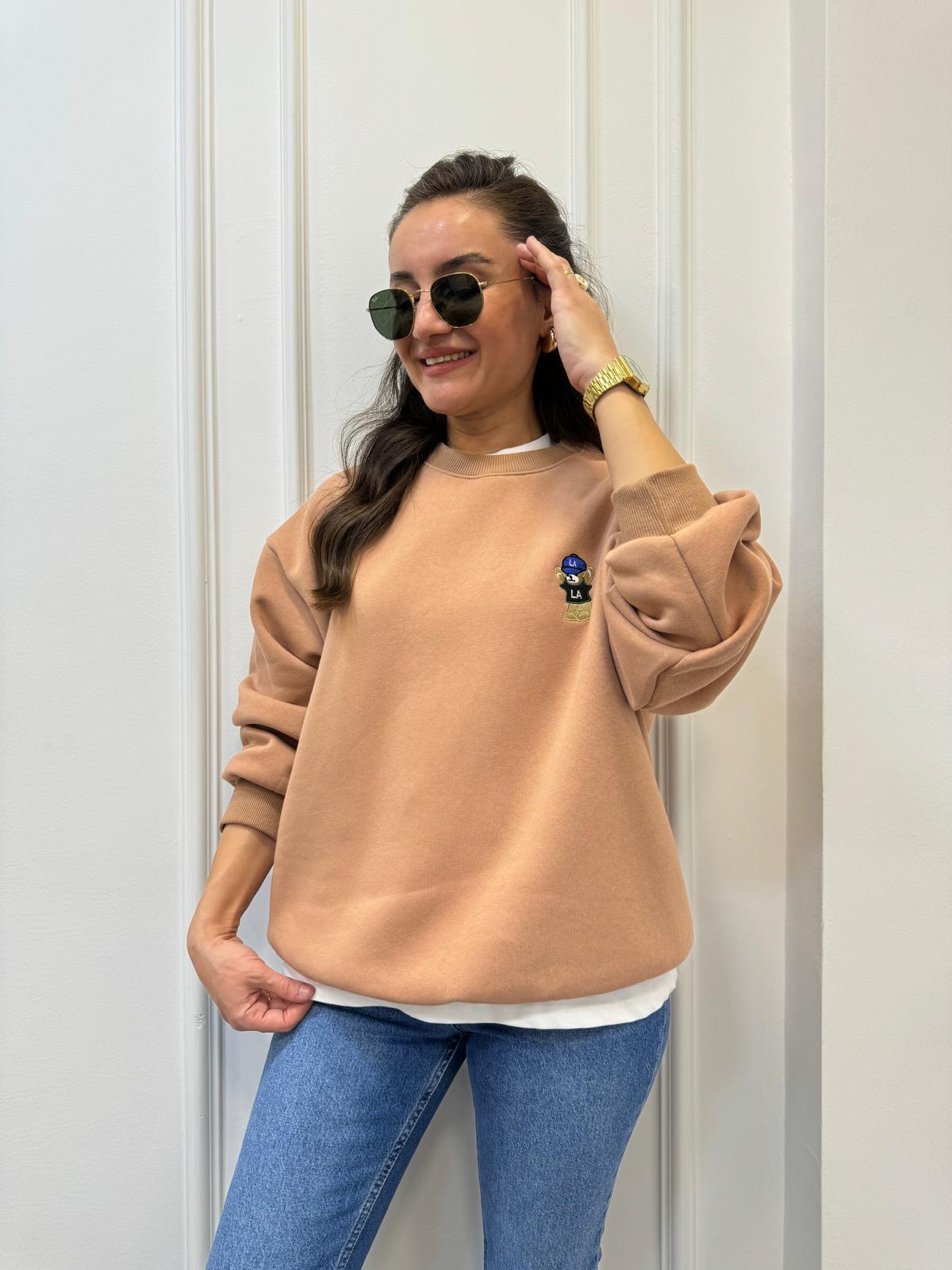 Camel Bisiklet Yaka Ayıcık Nakışlı Şardonlu Sweatshırt 241003