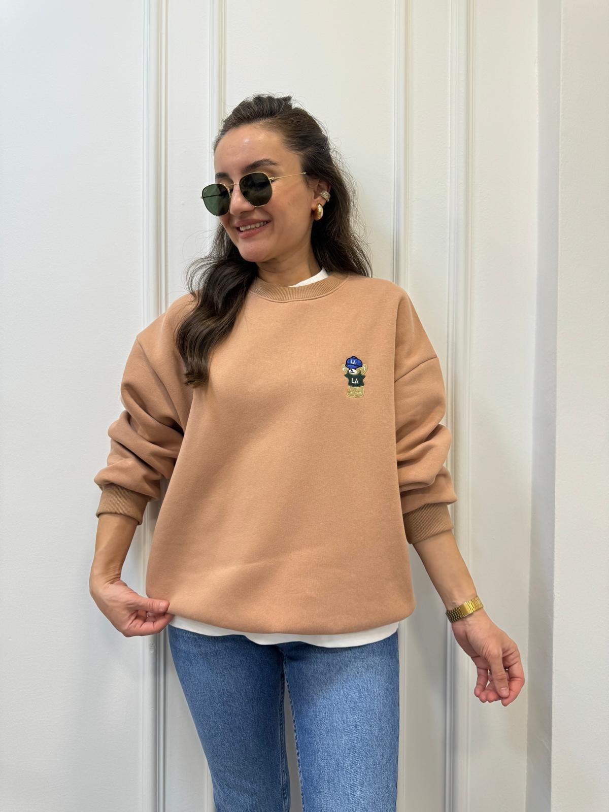 Camel Bisiklet Yaka Ayıcık Nakışlı Şardonlu Sweatshırt 241003