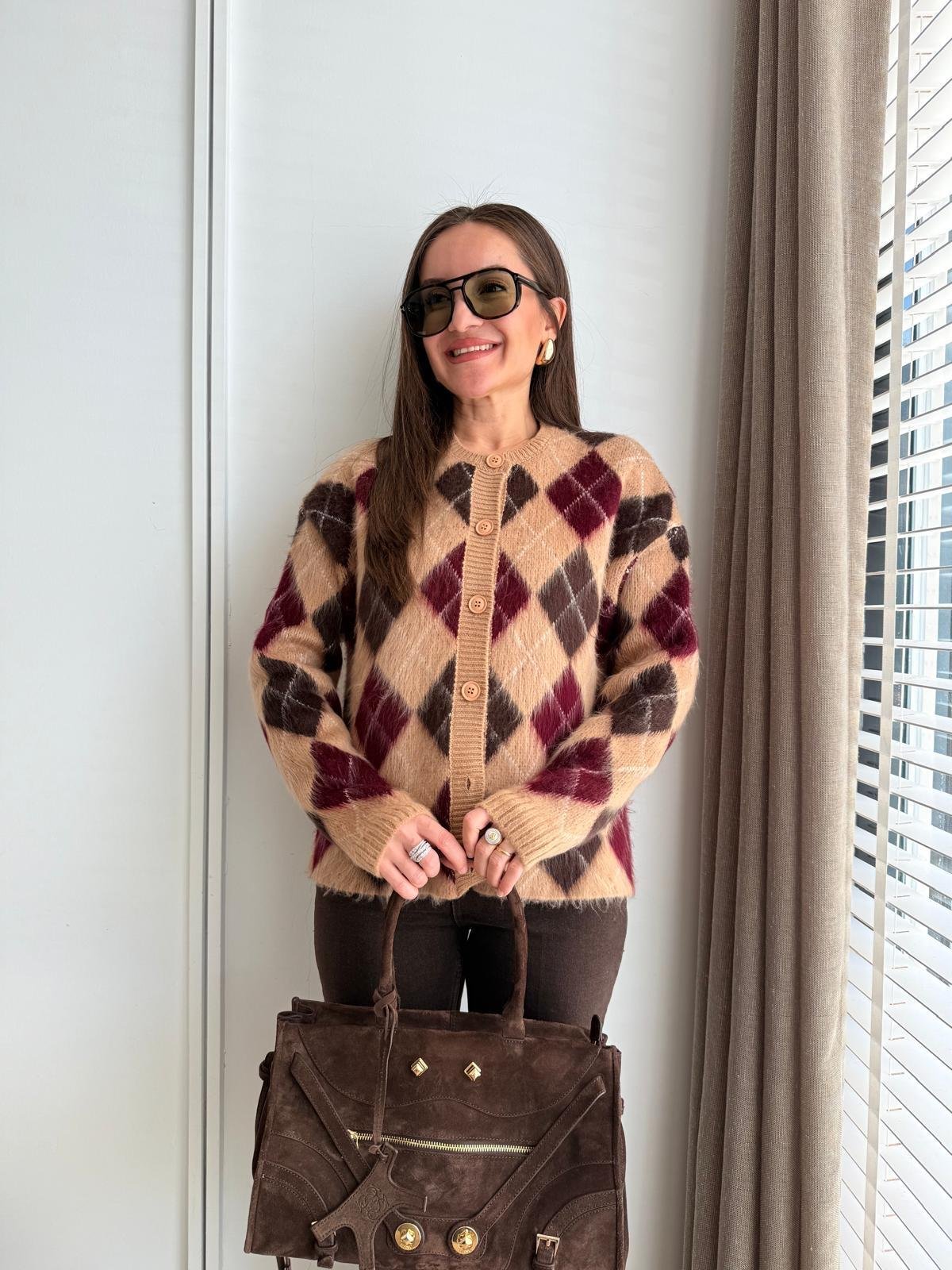 Camel Bisiklet Yaka Baklava Desen Triko Hırka 36902