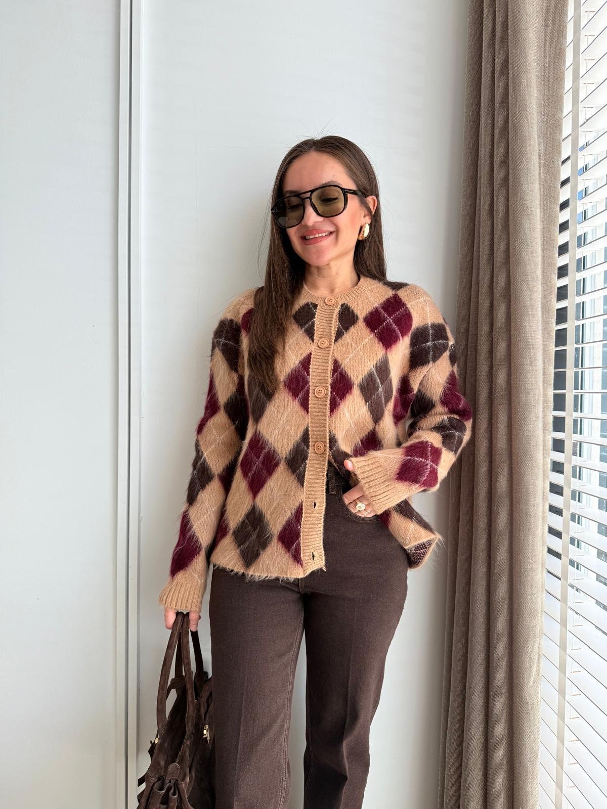 Camel Bisiklet Yaka Baklava Desen Triko Hırka 36902