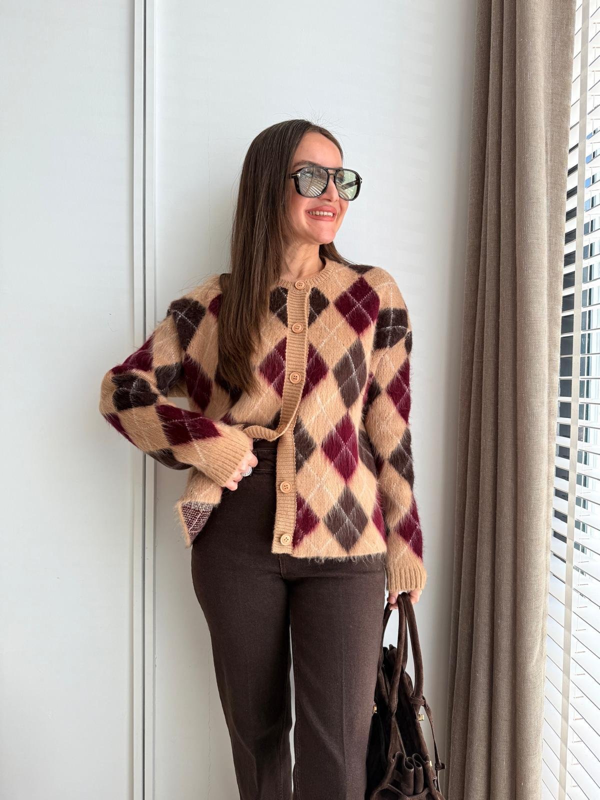 Camel Bisiklet Yaka Baklava Desen Triko Hırka 36902