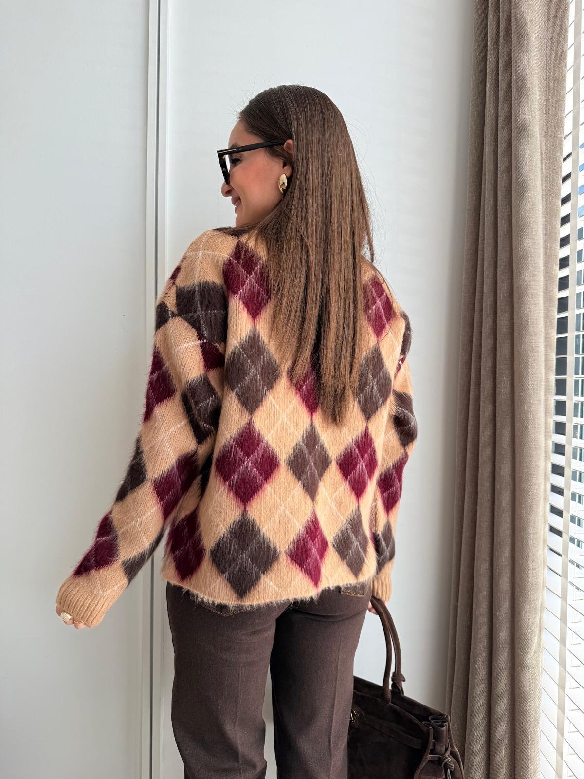 Camel Bisiklet Yaka Baklava Desen Triko Hırka 36902