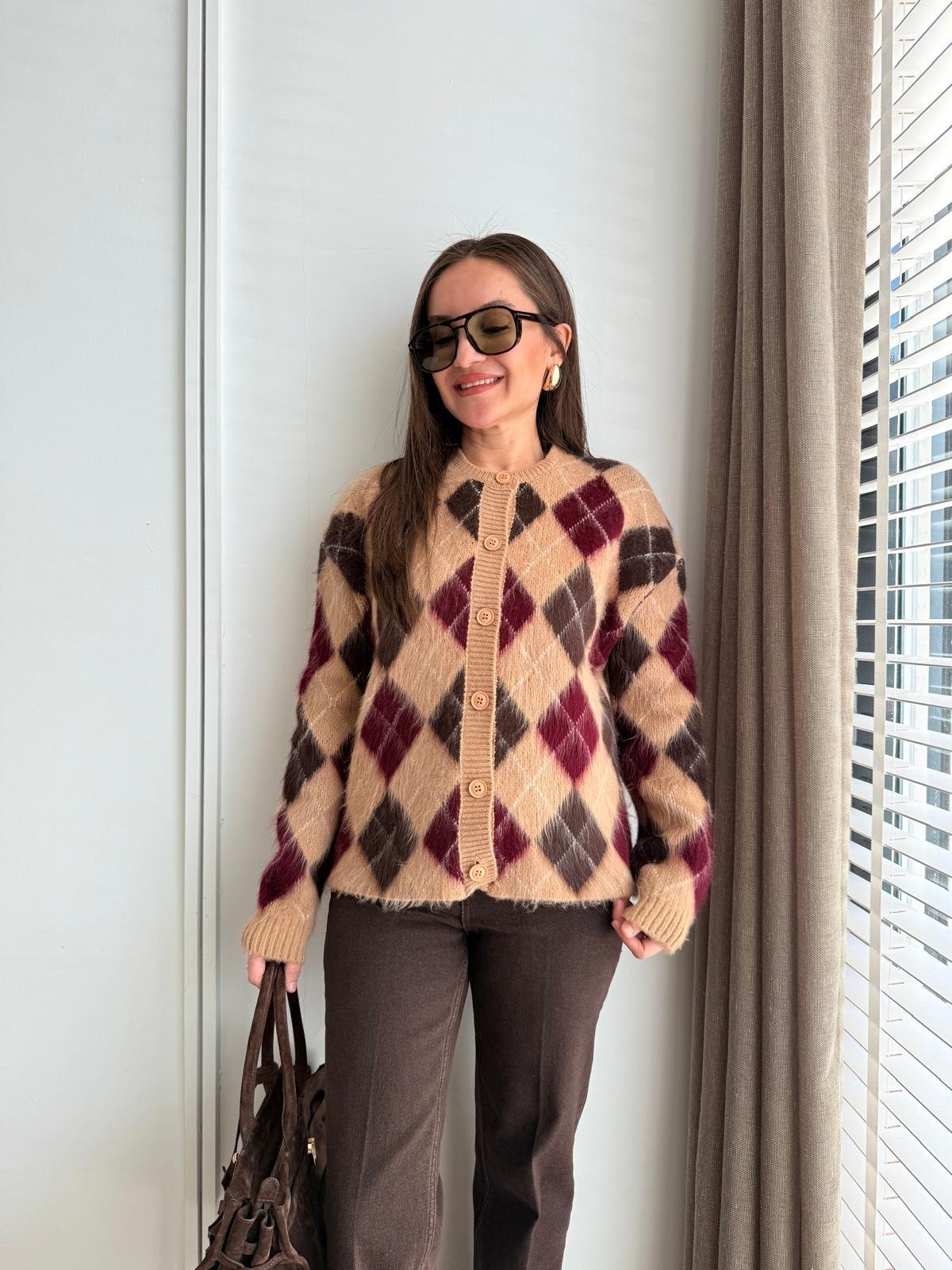 Camel Bisiklet Yaka Baklava Desen Triko Hırka 36902