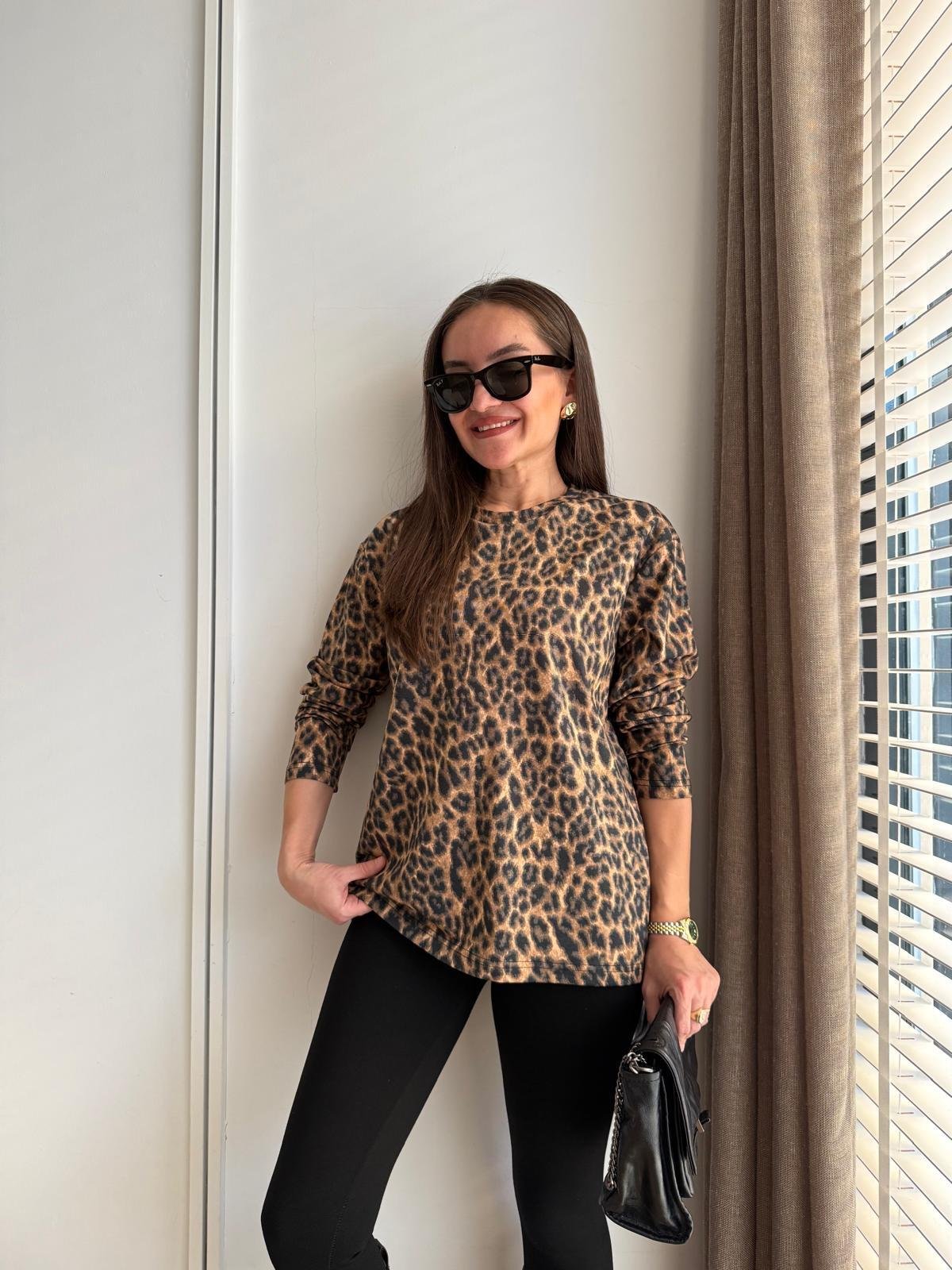 Camel Bisiklet Yaka Leopar Desen Uzun Kol Tshirt 241137