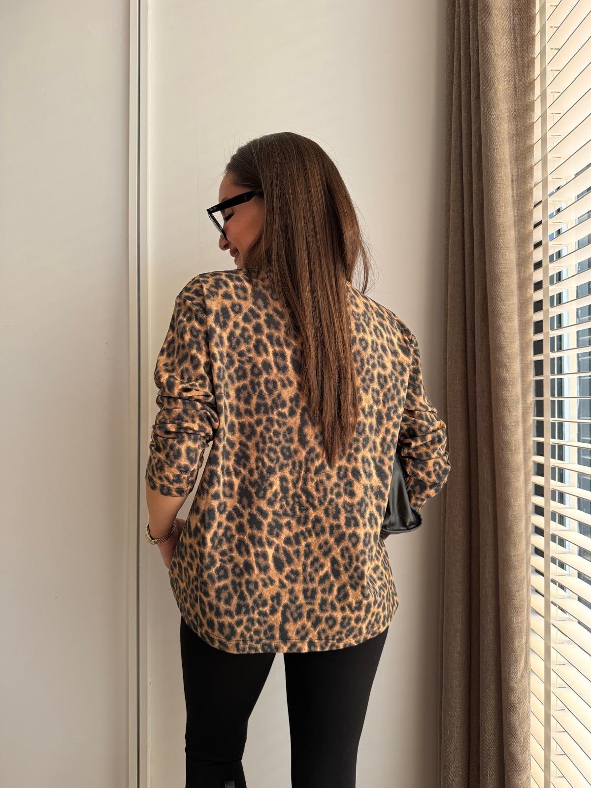 Camel Bisiklet Yaka Leopar Desen Uzun Kol Tshirt 241137