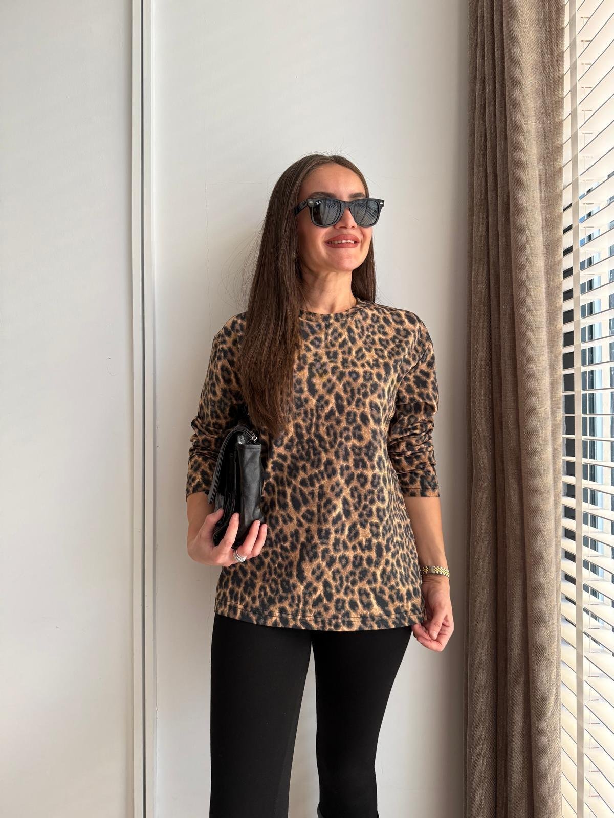 Camel Bisiklet Yaka Leopar Desen Uzun Kol Tshirt 241137
