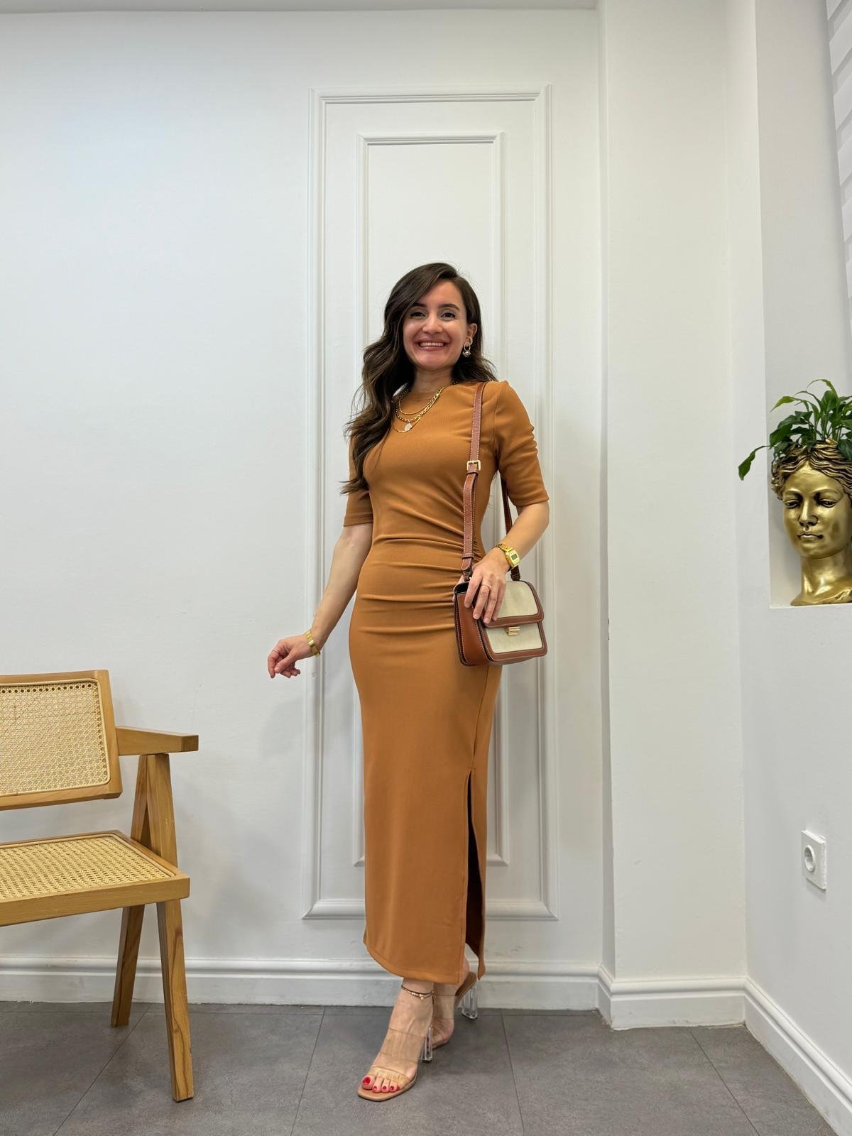 Camel Bisiklet Yaka Yan Drapeli Ottoman Kumaş Elbise 1013