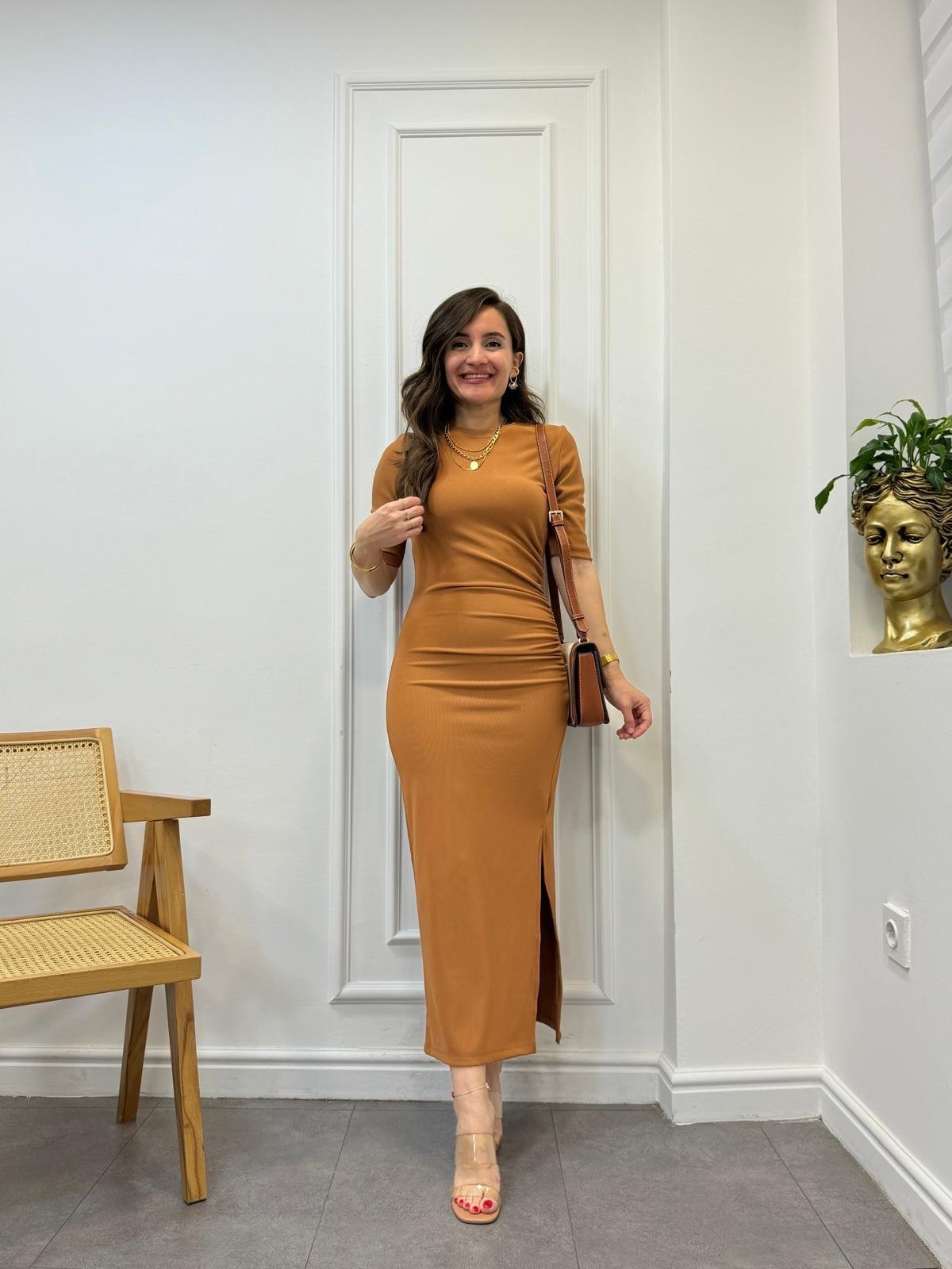 Camel Bisiklet Yaka Yan Drapeli Ottoman Kumaş Elbise 1013