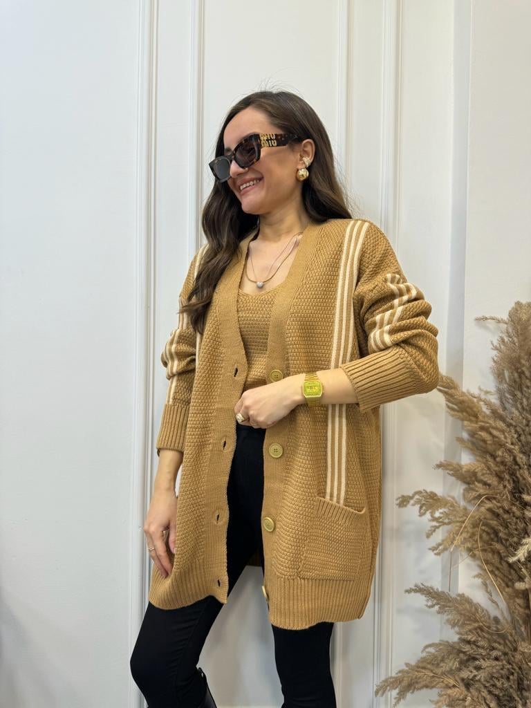 Camel Çizgili Crop Hırka Takım 0023