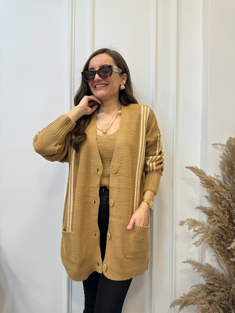Camel Çizgili Crop Hırka Takım 0023
