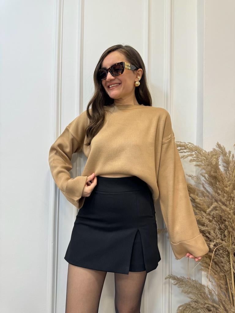 Camel Double Kol Kısa Triko Kazak 3795