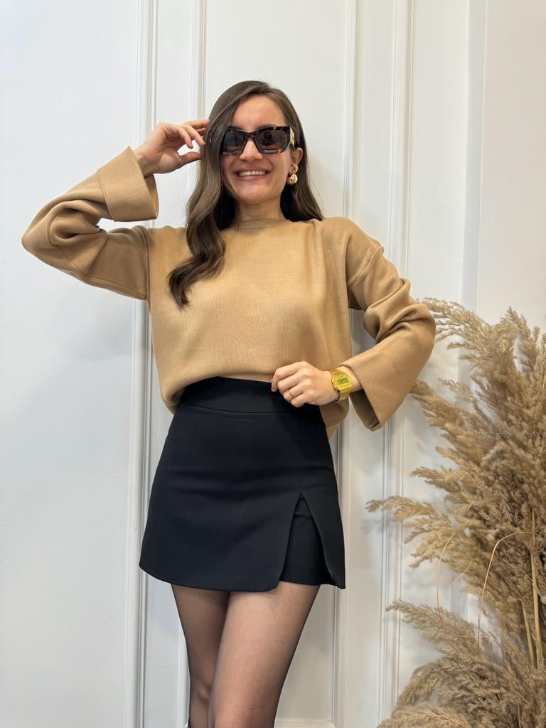Camel Double Kol Kısa Triko Kazak 3795