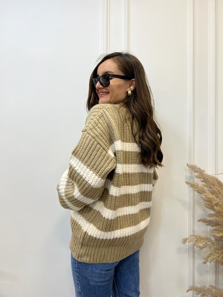 Camel Ekru Çizgili Düğme Detaylı Hırka 231055