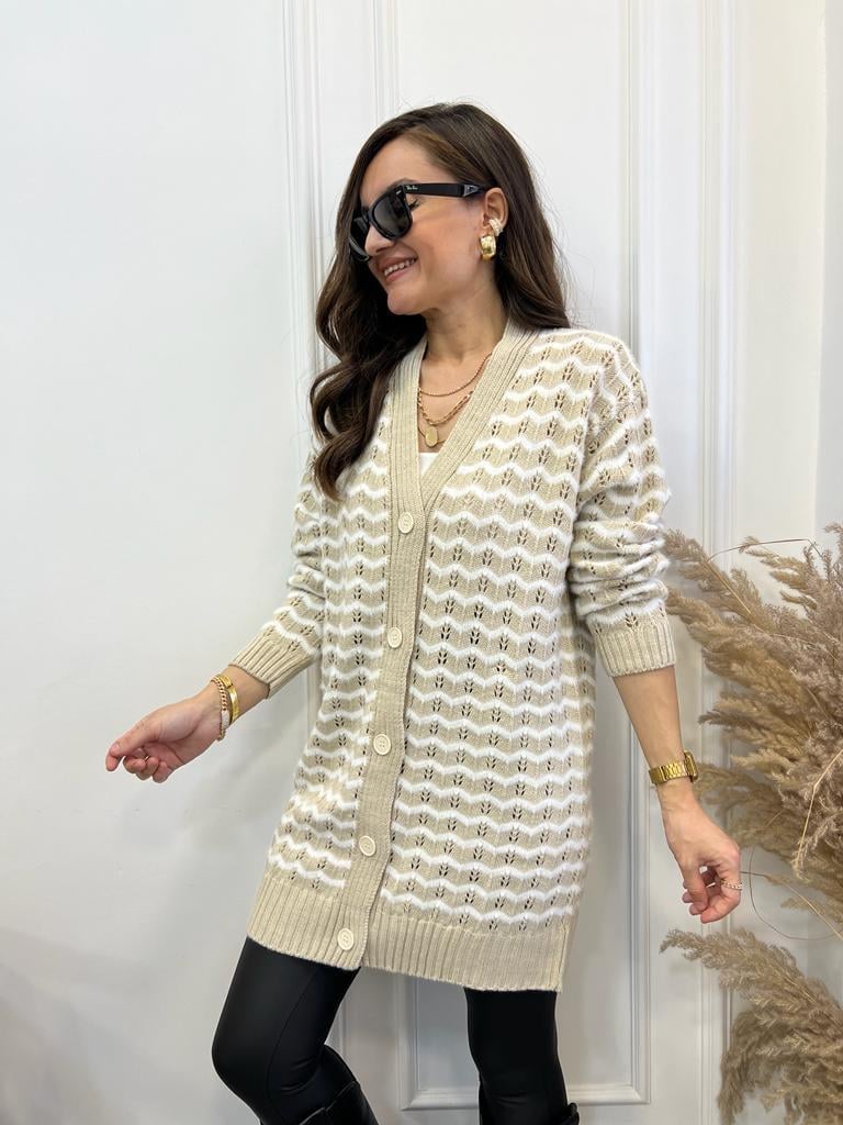 Camel Ekru Zigzag Desenli Sakallı Hırka M03