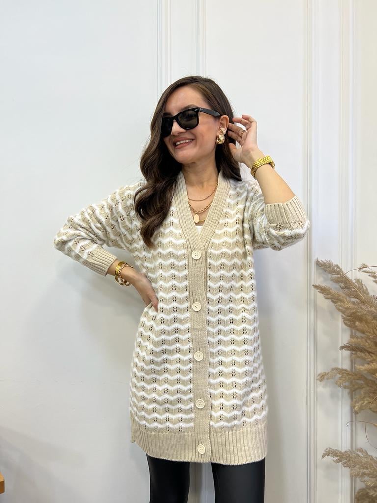 Camel Ekru Zigzag Desenli Sakallı Hırka M03