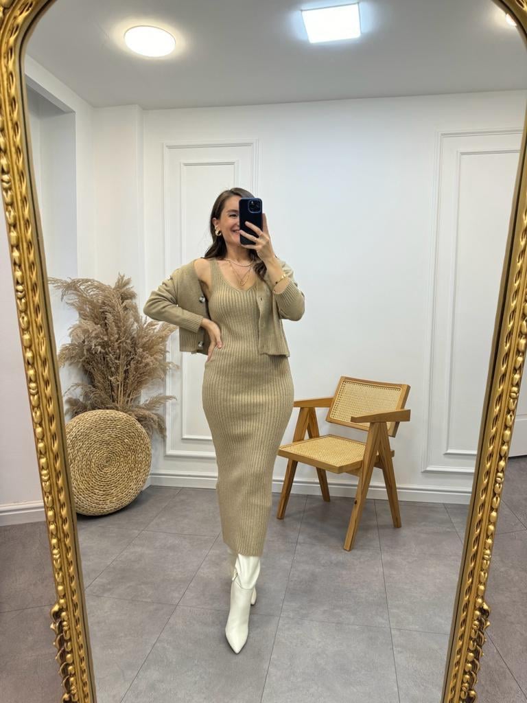 Camel Fitilli Elbise Hırkalı Takım 231062