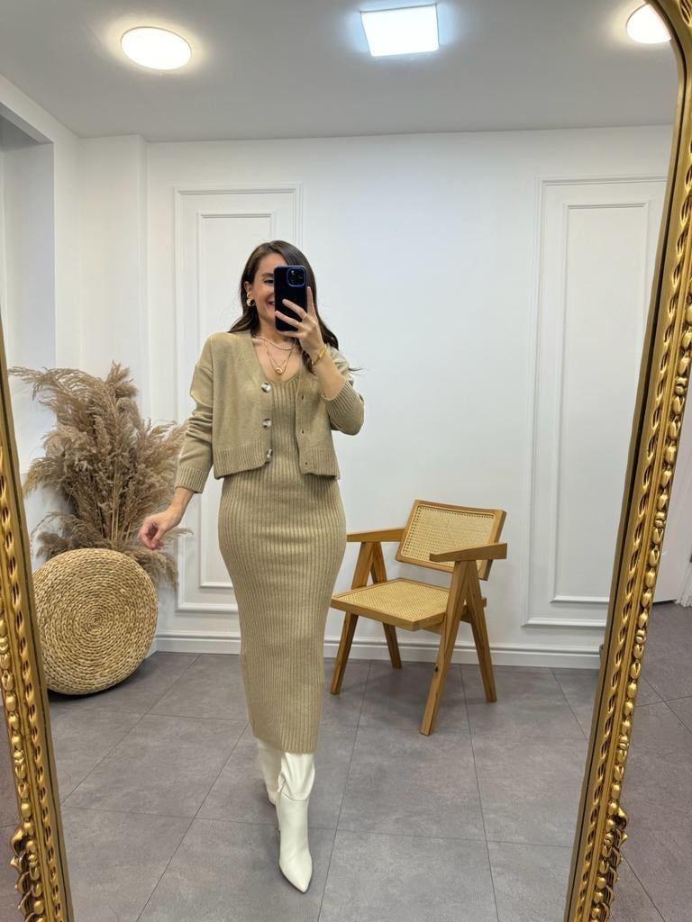 Camel Fitilli Elbise Hırkalı Takım 231062