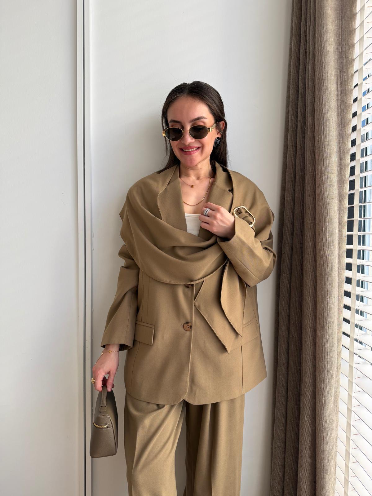 Camel Gold Toka Detaylı Şallı Blazer Ceket 9707