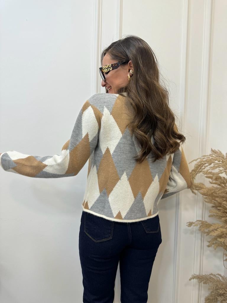 Camel Gri Desenli Önü Gold Düğme Detaylı Hırka 4153