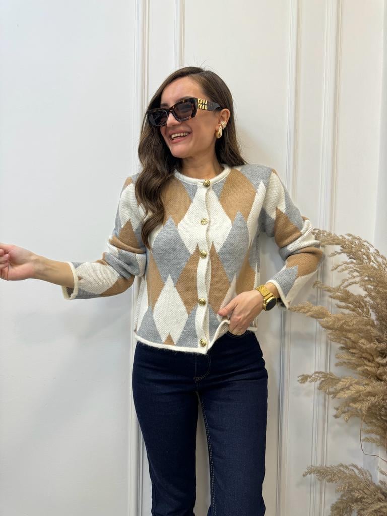 Camel Gri Desenli Önü Gold Düğme Detaylı Hırka 4153