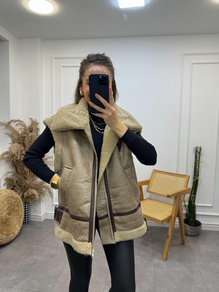 Camel İçi Kürklü Biker Yelek 5041