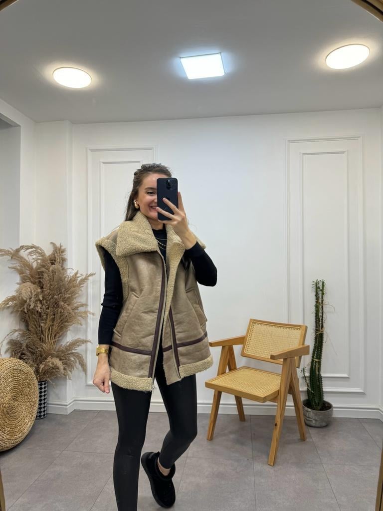 Camel İçi Kürklü Biker Yelek 5041