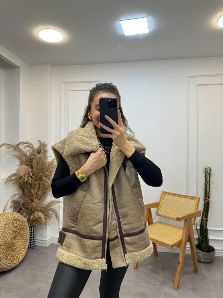 Camel İçi Kürklü Biker Yelek 5041