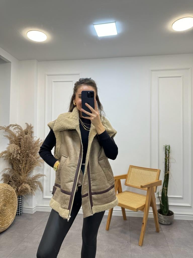 Camel İçi Kürklü Biker Yelek 5041