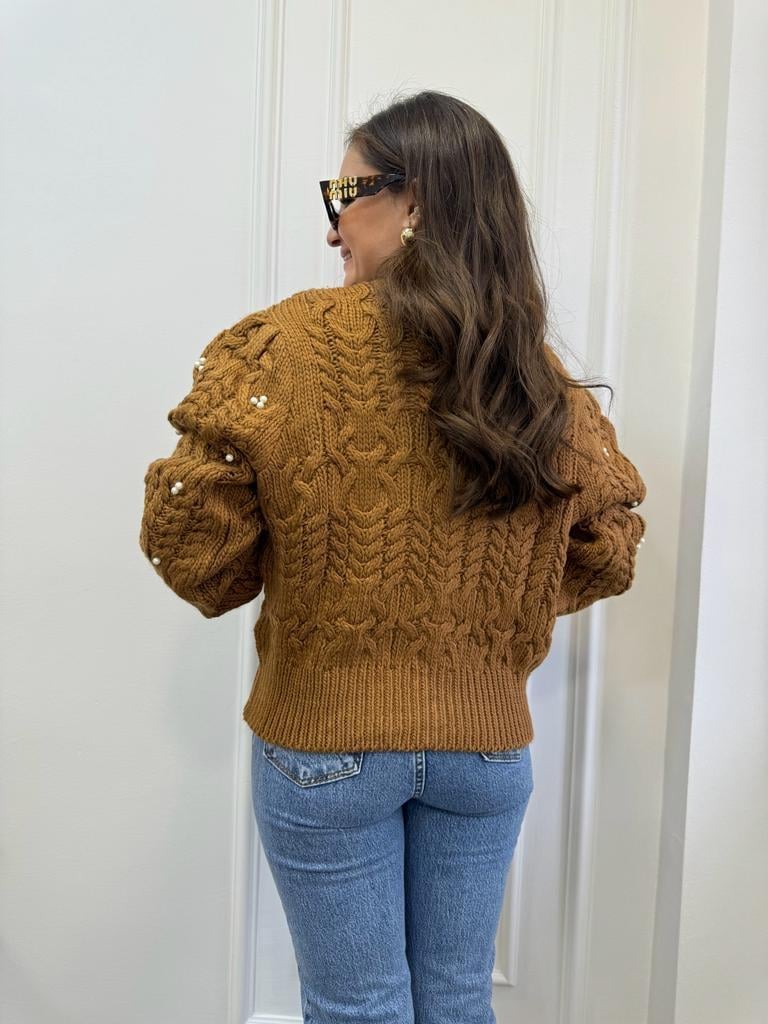 Camel İncili Önü Gold İnci Düğme Detaylı Hırka 3142