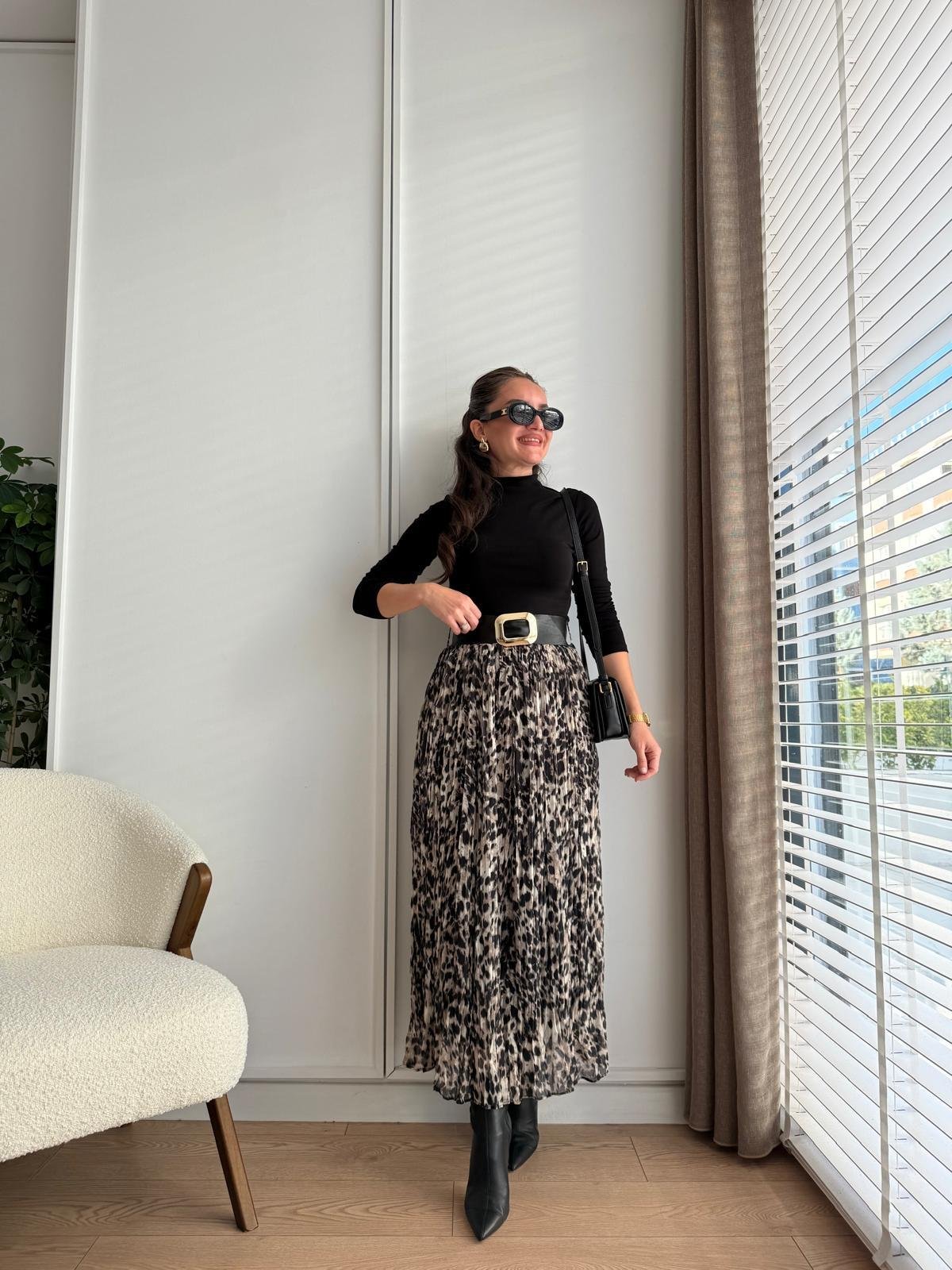Camel Kemerli Leopar Desen Chruslı Etek 7683