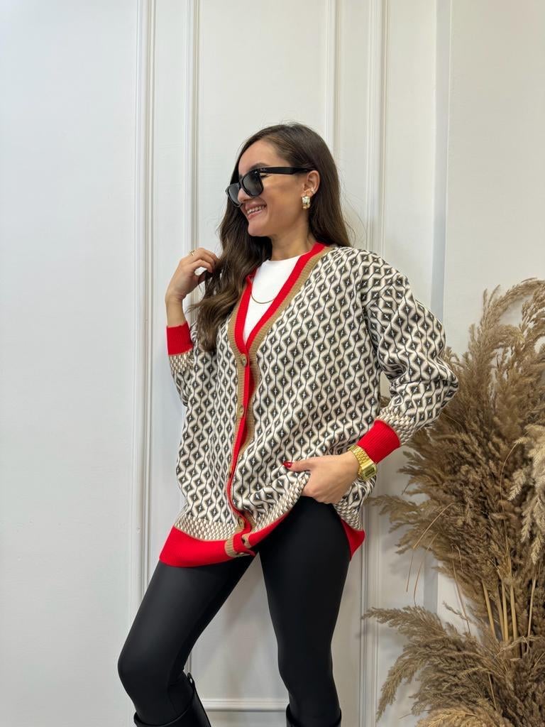 Camel Kırmızı Etnik Desen Triko Hırka 012