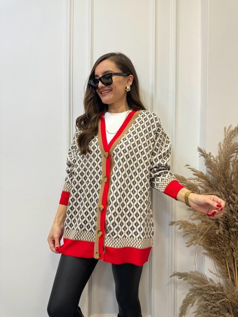 Camel Kırmızı Etnik Desen Triko Hırka 012