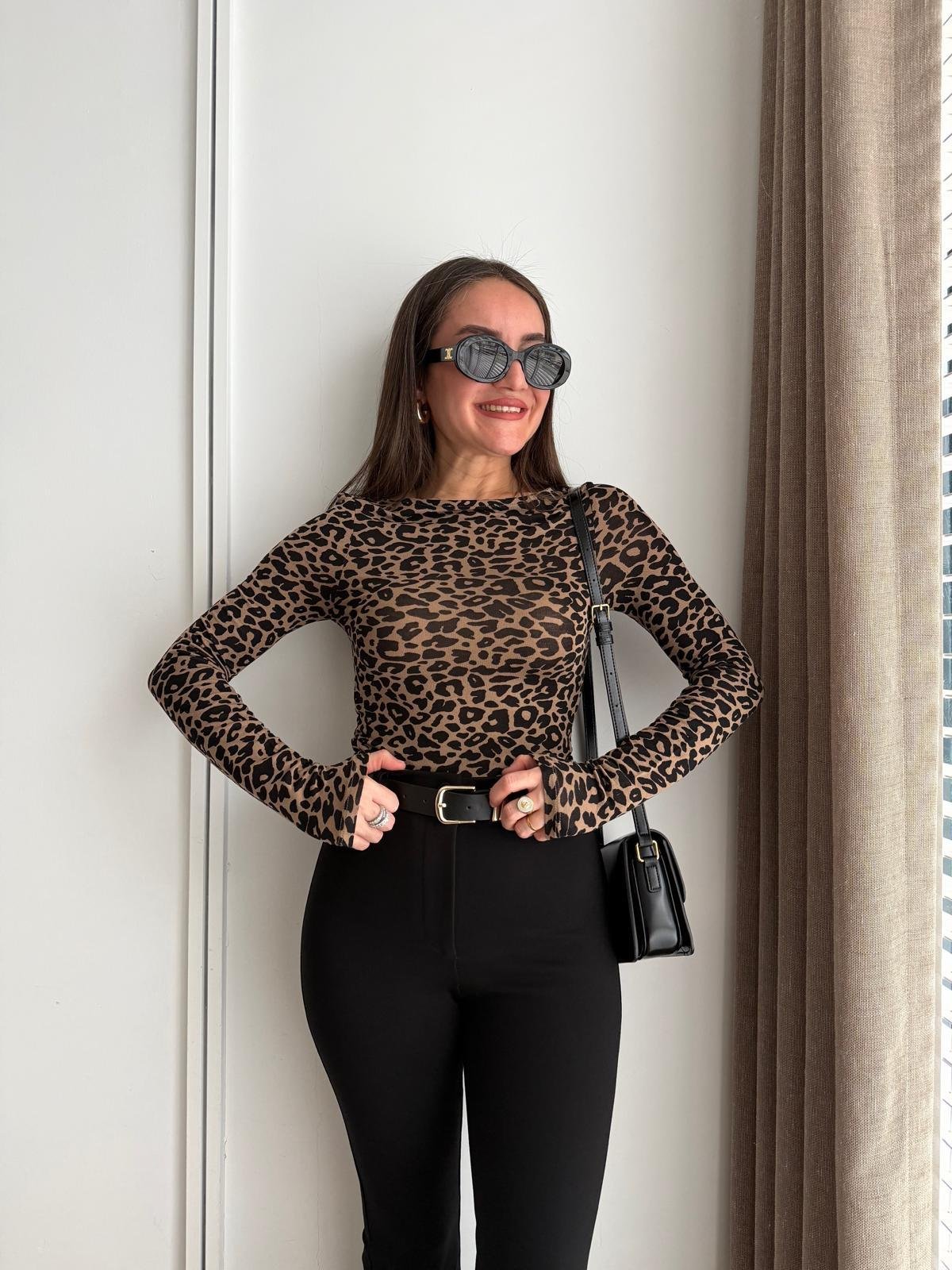 Camel Leopar Desen Kayık Yaka Bluz 17327