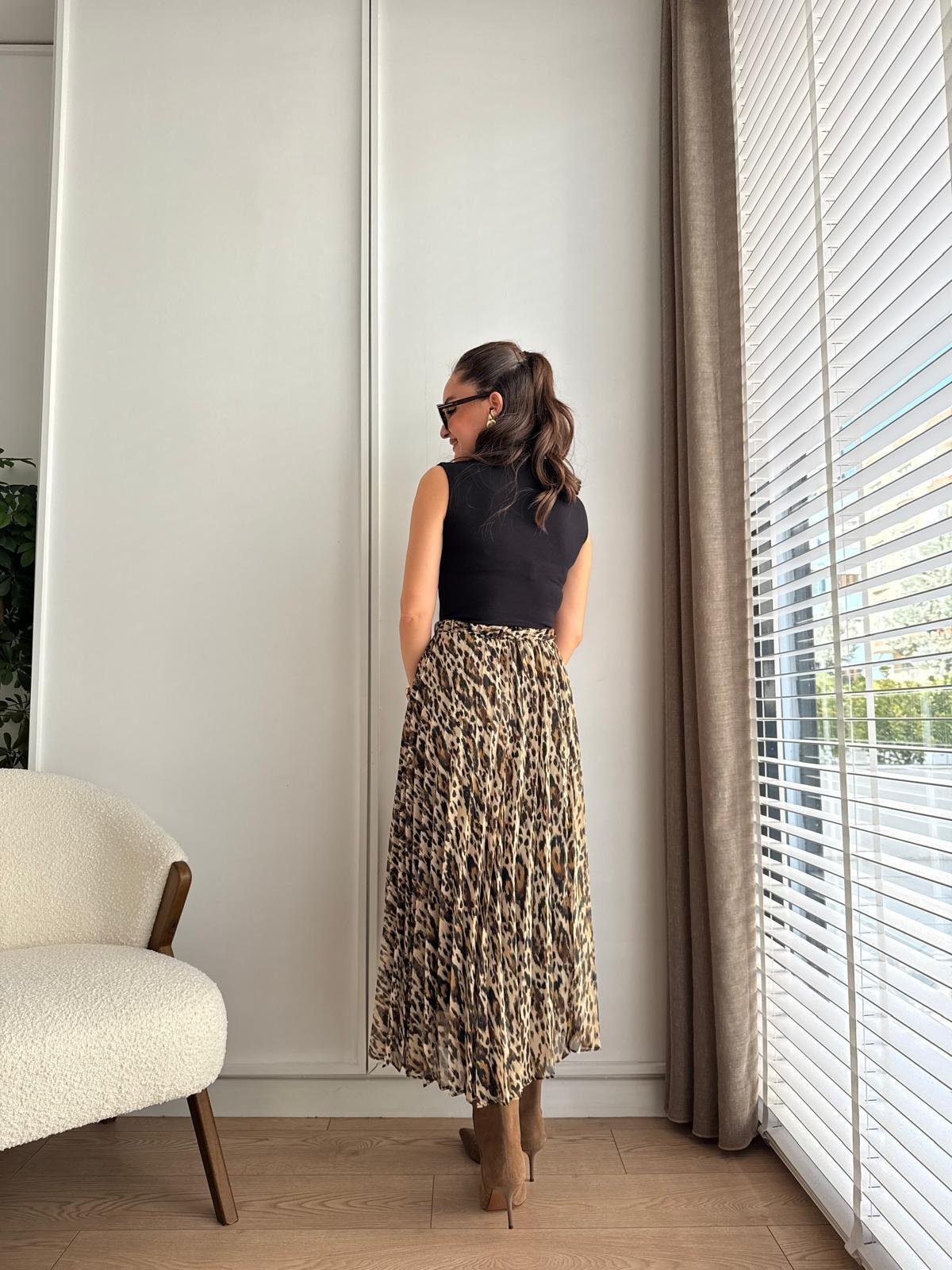 Camel Leopar Desen Şifon Etek 2918