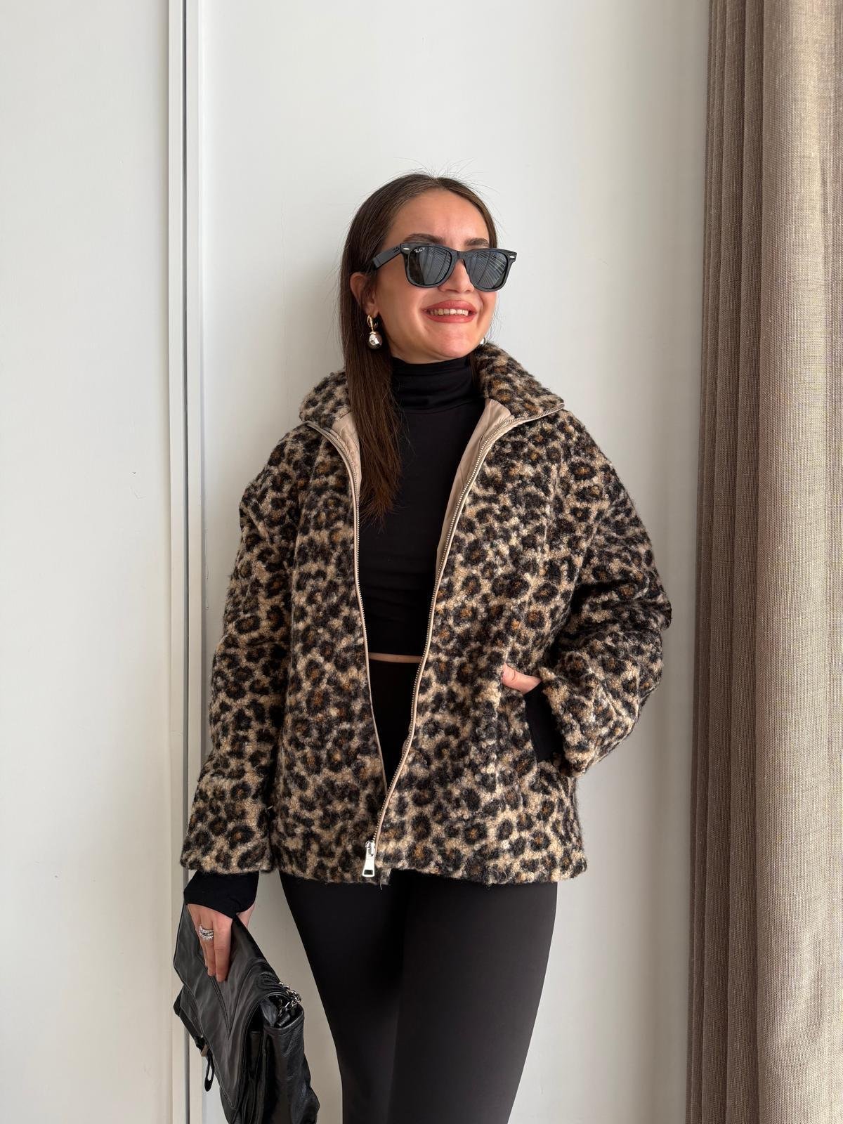 Camel Leopar Desenli Astarlı Peluş Mont 17303