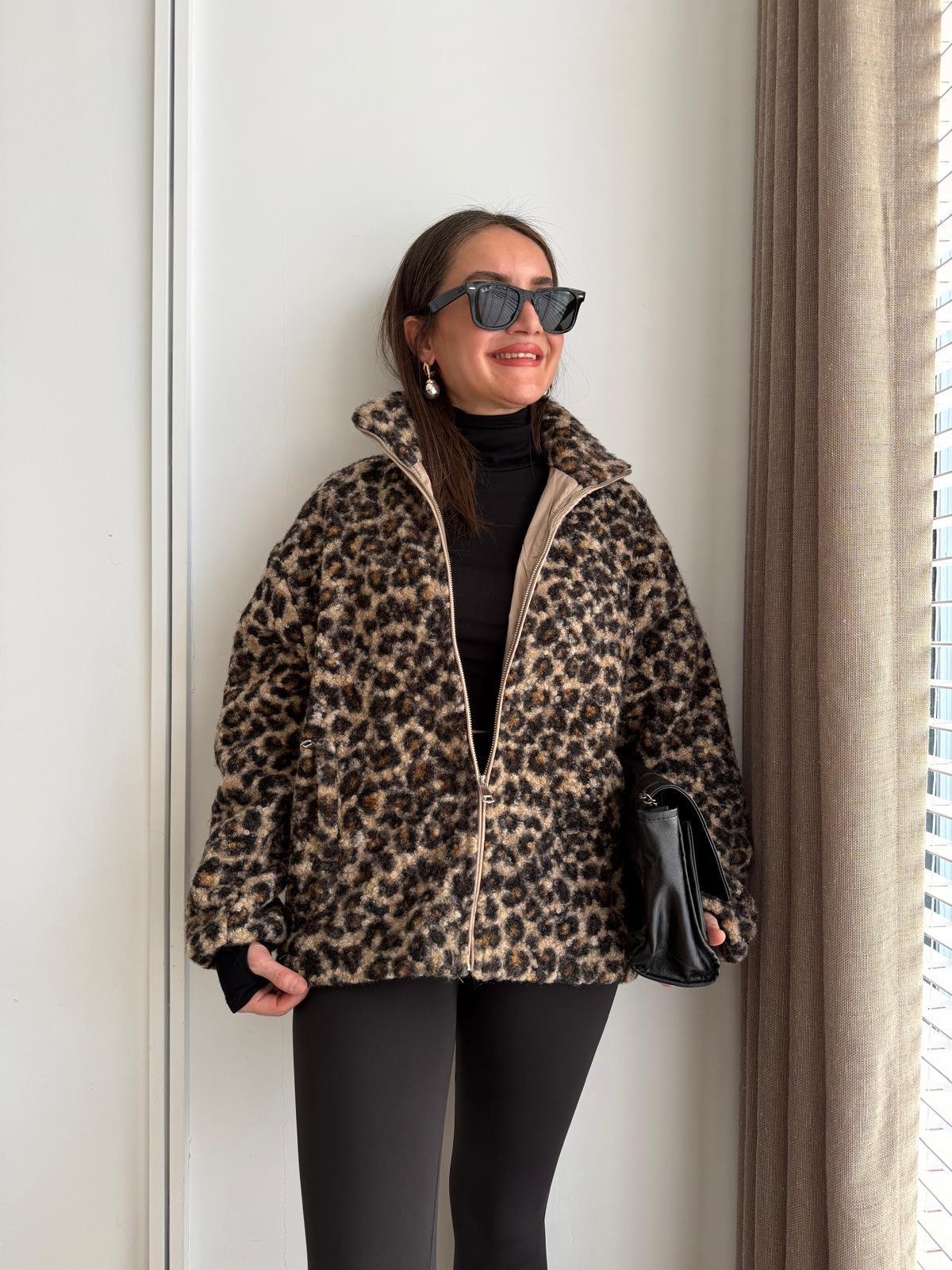 Camel Leopar Desenli Astarlı Peluş Mont 17303