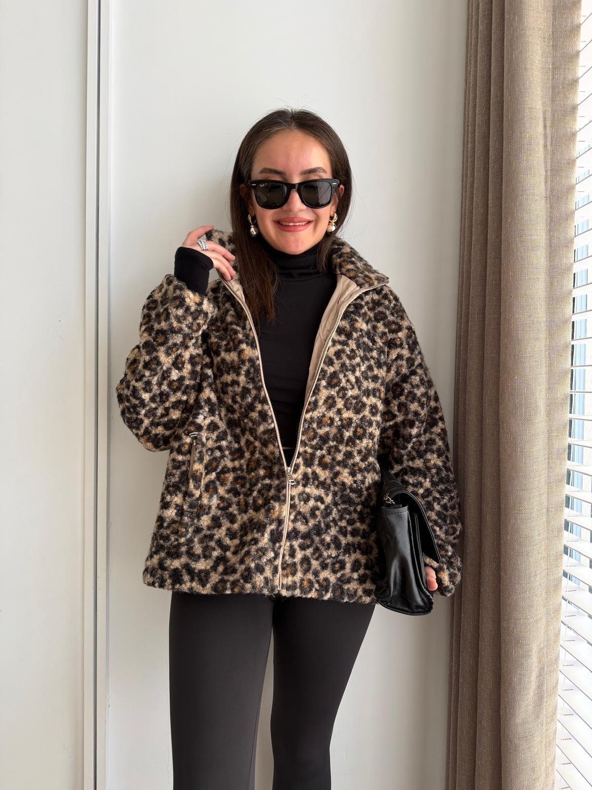 Camel Leopar Desenli Astarlı Peluş Mont 17303