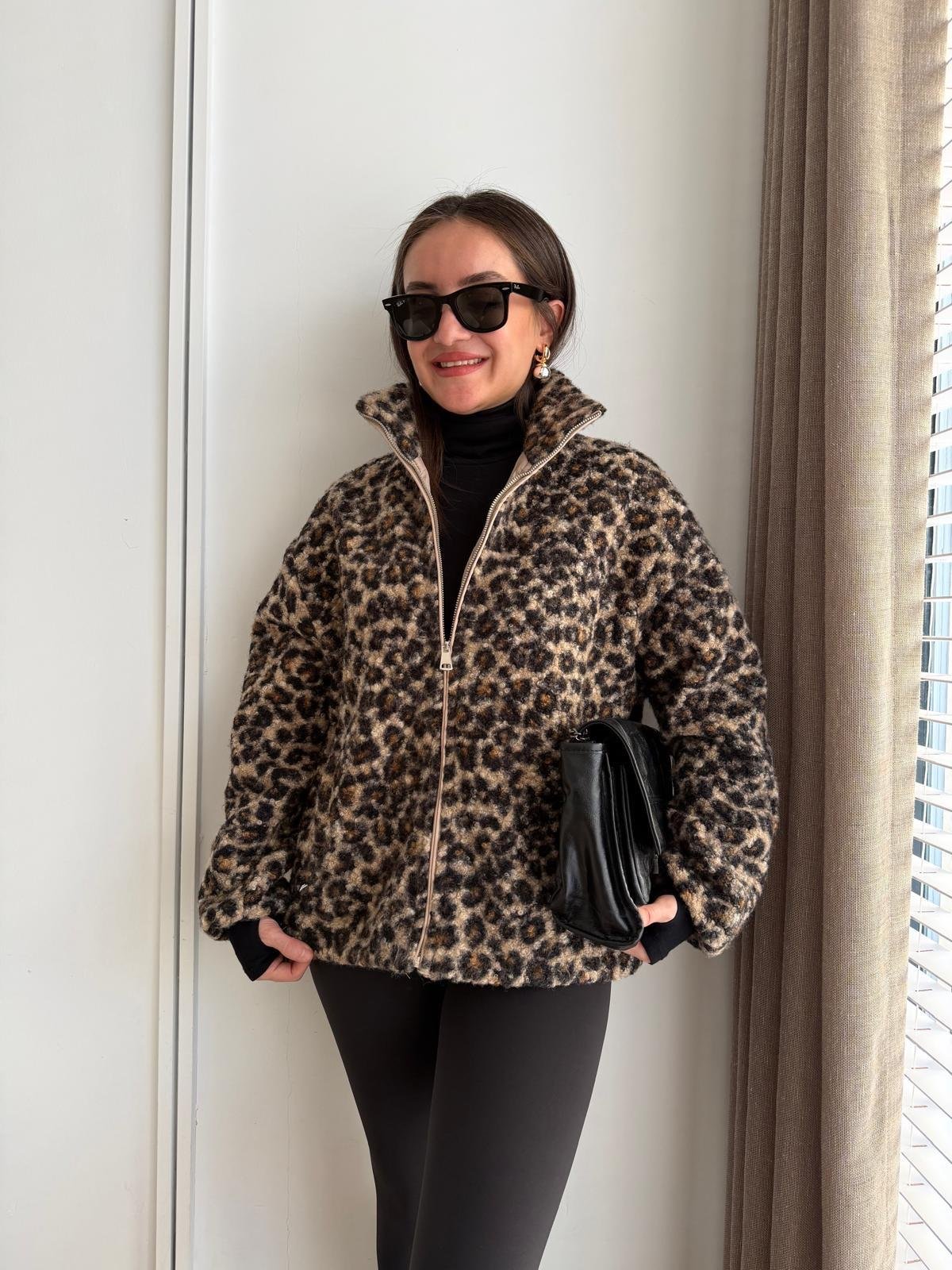 Camel Leopar Desenli Astarlı Peluş Mont 17303