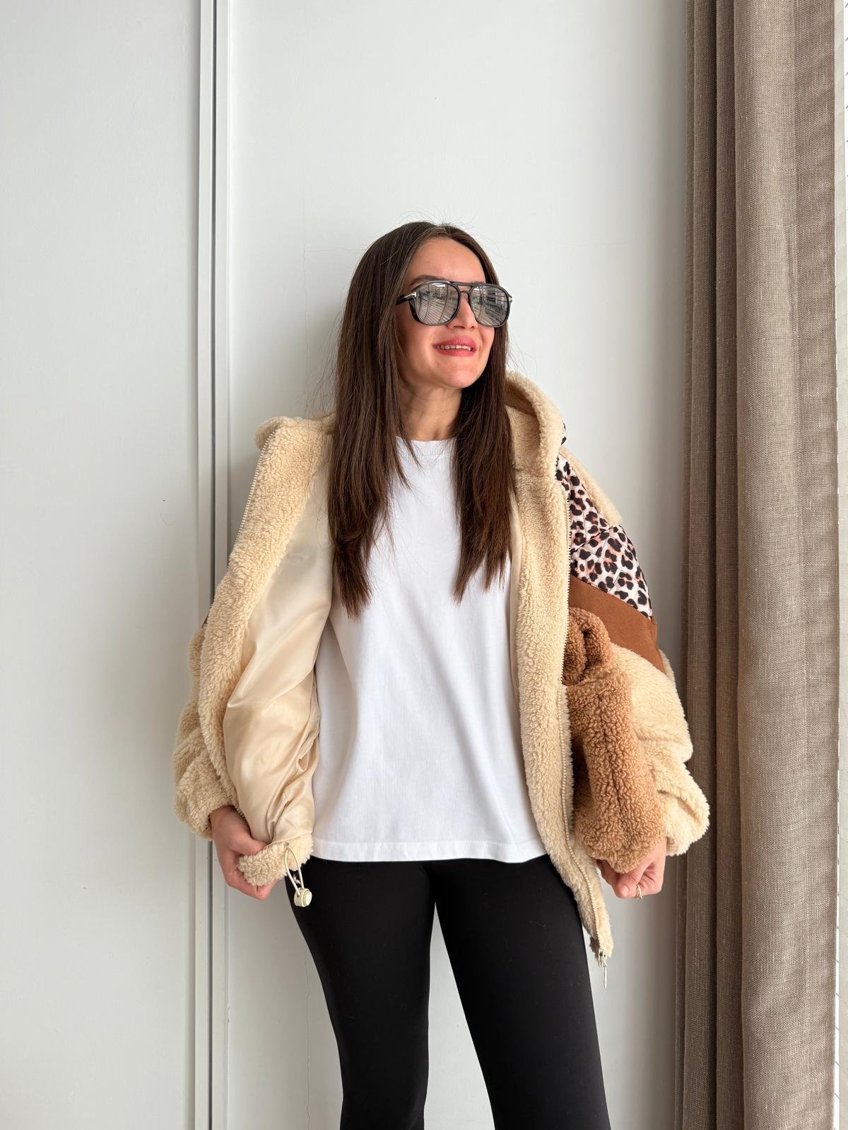 Camel Leopar Detay Garnili Kapüşonlu Peluş Mont 1895