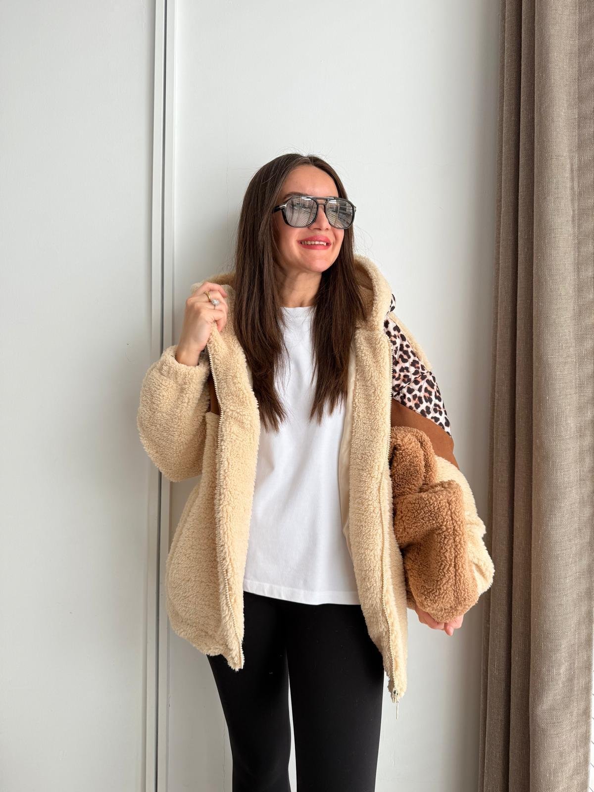 Camel Leopar Detay Garnili Kapüşonlu Peluş Mont 1895