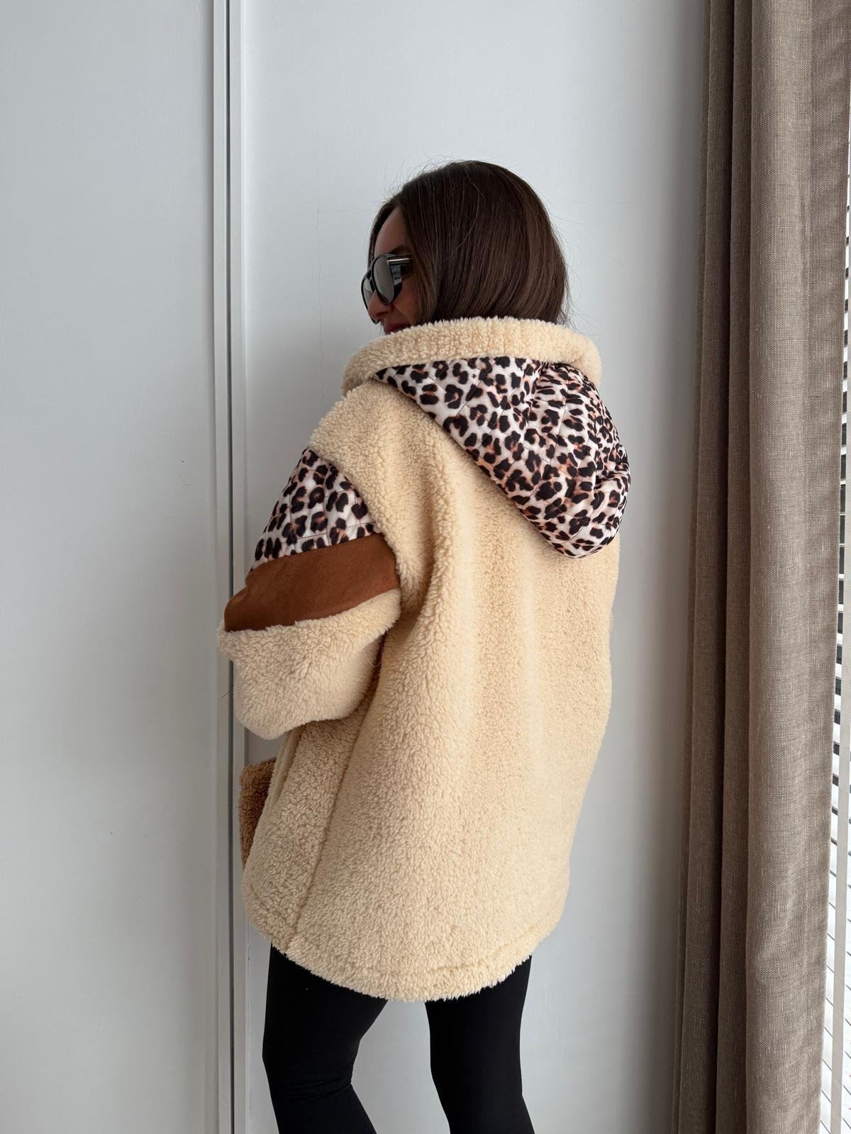 Camel Leopar Detay Garnili Kapüşonlu Peluş Mont 1895
