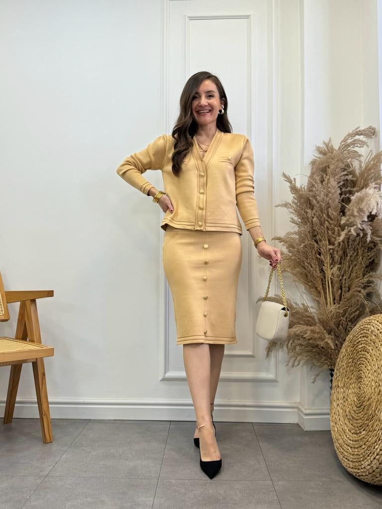 Camel Lüx Kalite Gold Düğmeli Hırka Etek Triko Takım 08013
